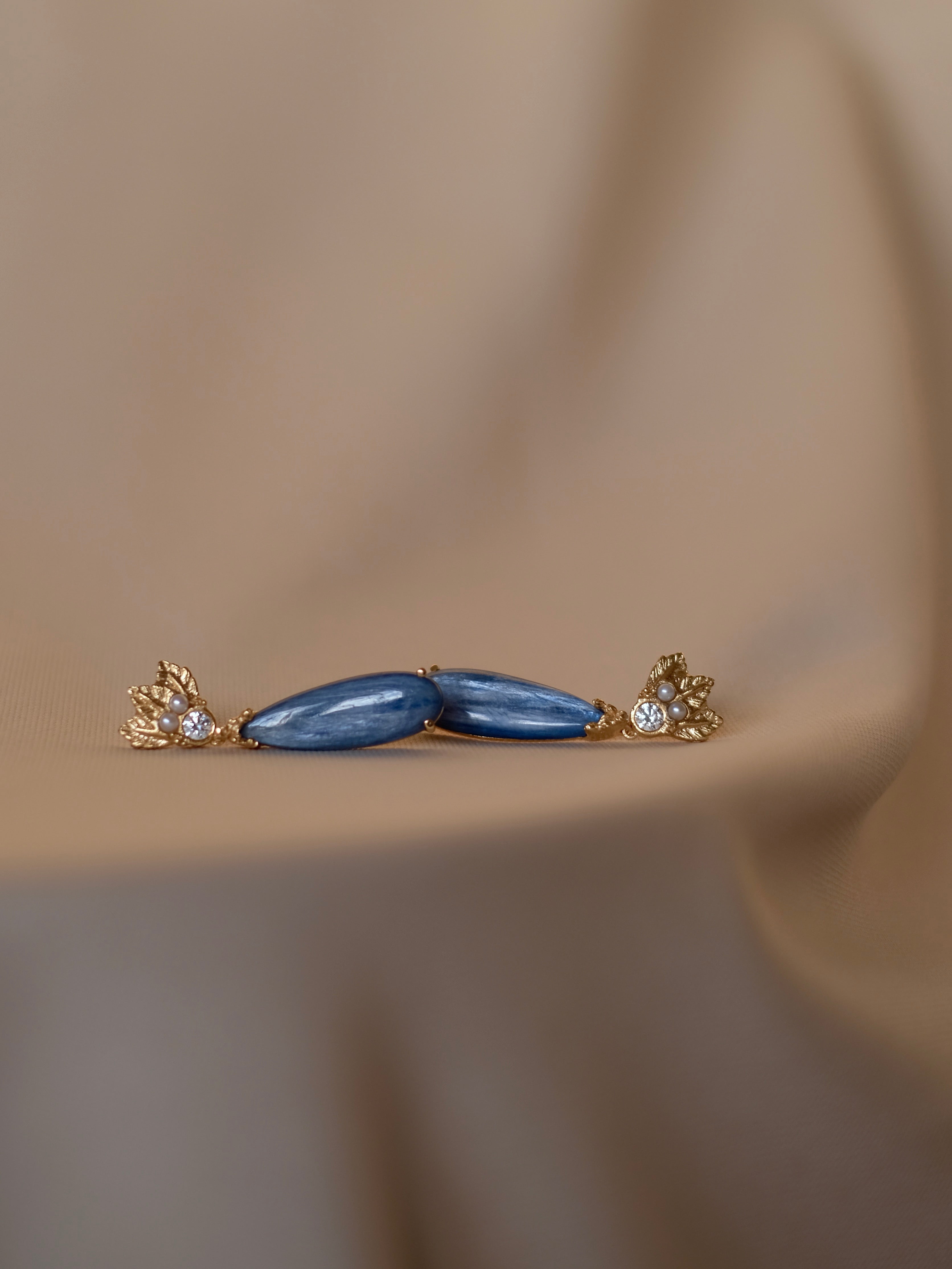 These silver Cremilde Bispo Jewellery Muse III Kyanite earrings feature blue stones on a beige background, making them the perfect jewelry accessory.