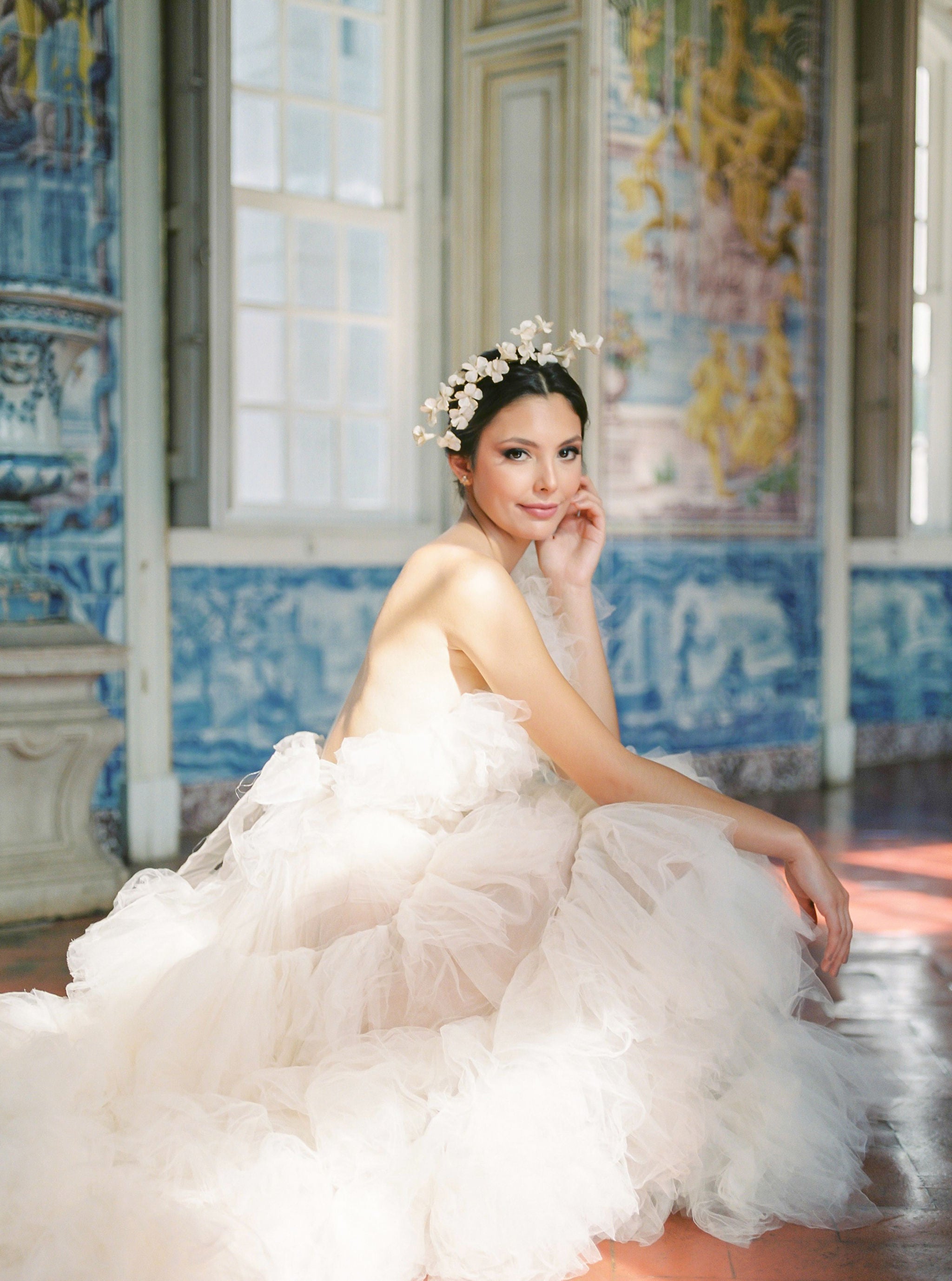 Bride with wedding dress and Gold Plated Earrings