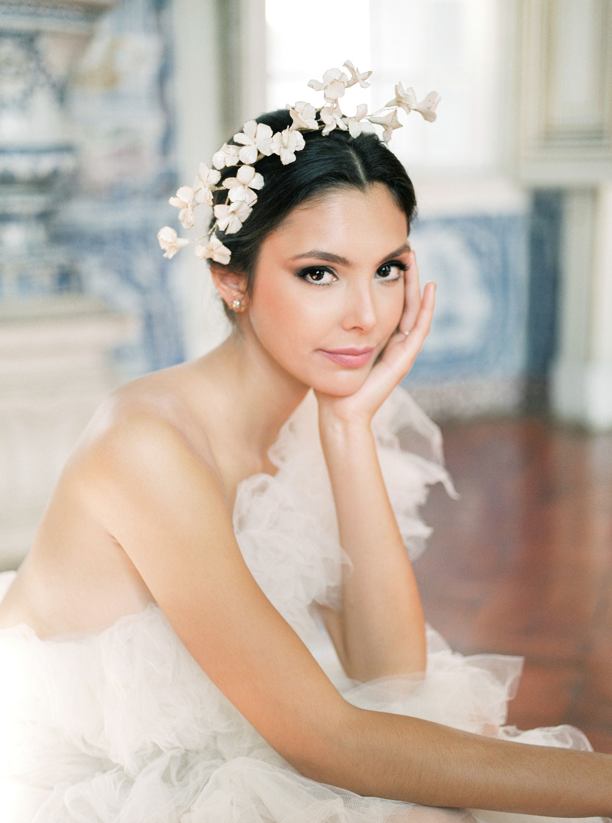 Bride with wedding dress and Gold Plated Earrings