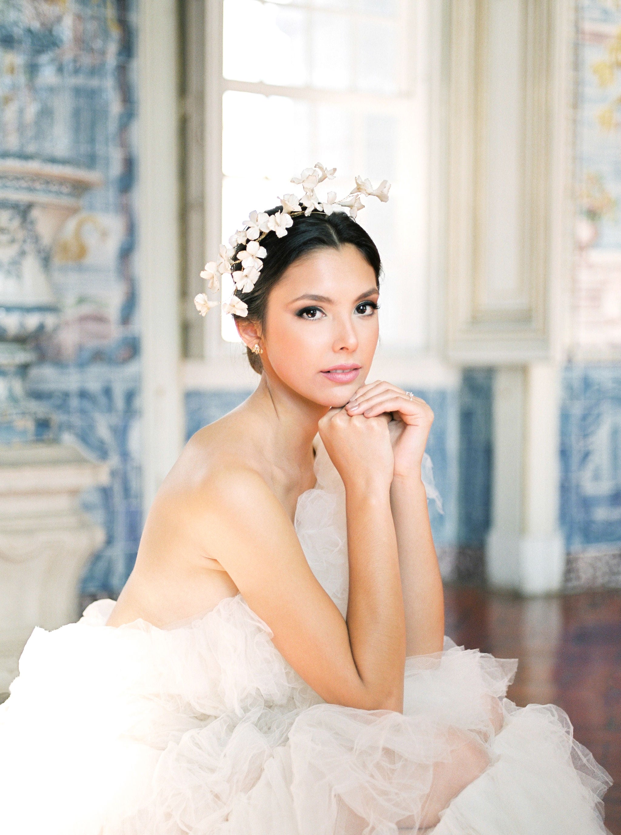 Bride with wedding dress and Gold Plated Earrings