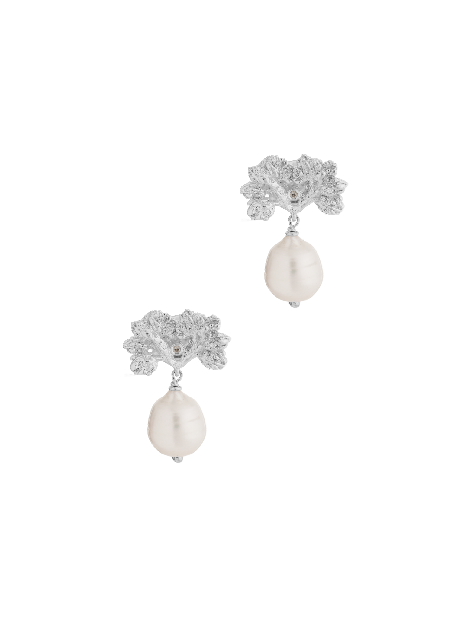 A pair of Cremilde Bispo Jewellery's Pearly Forest Earrings, made of sterling silver and featuring pearls, on a white background.
