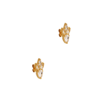 A pair of Cremilde Bispo Jewellery Essential Drops Earrings, set against a beige background, featuring pear-like Quartz gemstones.
