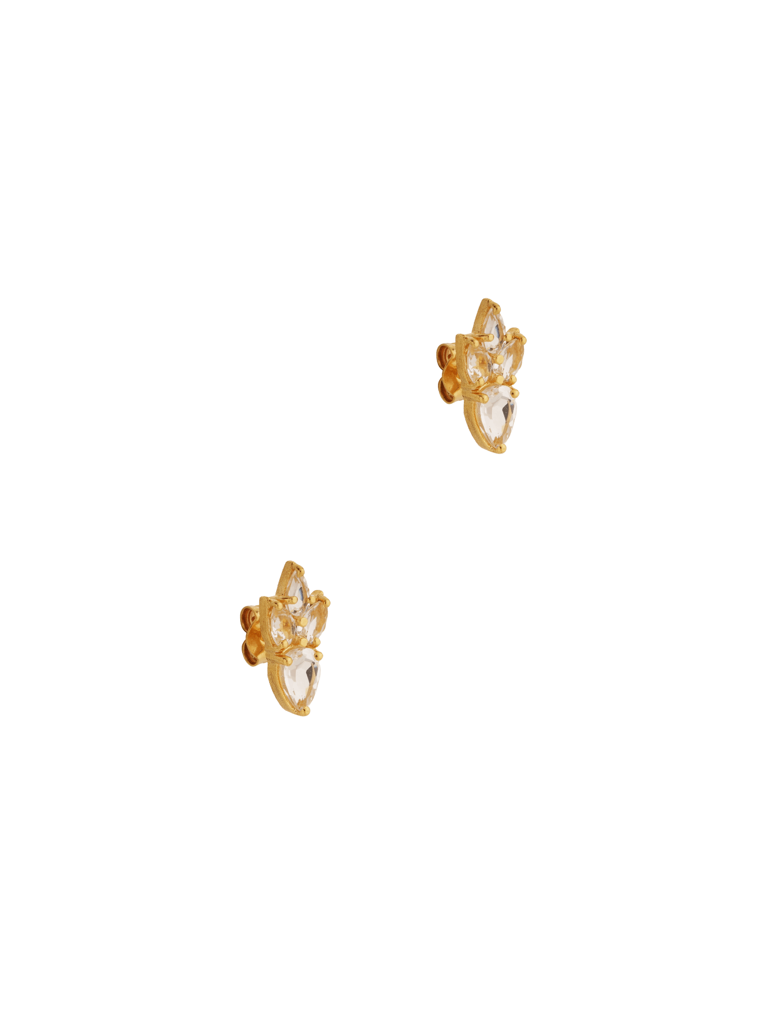A pair of Cremilde Bispo Jewellery Essential Drops Earrings, set against a beige background, featuring pear-like Quartz gemstones.