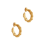 A pair of The Garden Hoops by Cremilde Bispo Jewellery in Gold Plated Silver, with hand-carved nature inspired motifs.