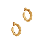 A pair of The Garden Hoops by Cremilde Bispo Jewellery in Gold Plated Silver, with hand-carved nature inspired motifs.