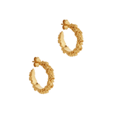 A pair of The Garden Hoops by Cremilde Bispo Jewellery in Gold Plated Silver, with hand-carved nature inspired motifs.