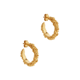 A pair of The Garden Hoops by Cremilde Bispo Jewellery in Gold Plated Silver, with hand-carved nature inspired motifs.