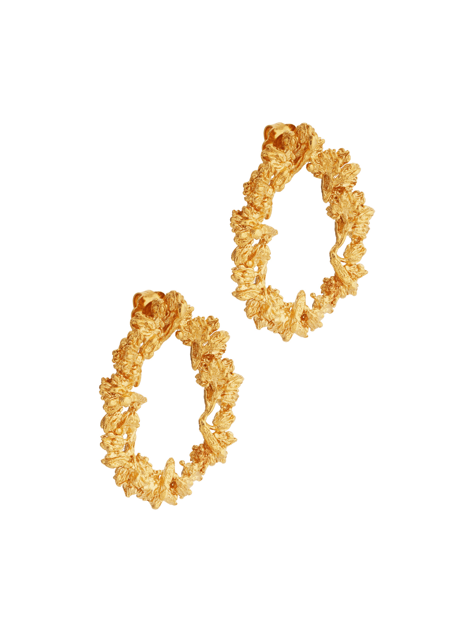 A pair of Cremilde Bispo Jewellery Garden's Delight statement earrings, in gold plated sterling silver, with hand-sculpted nature inspired embellishments.