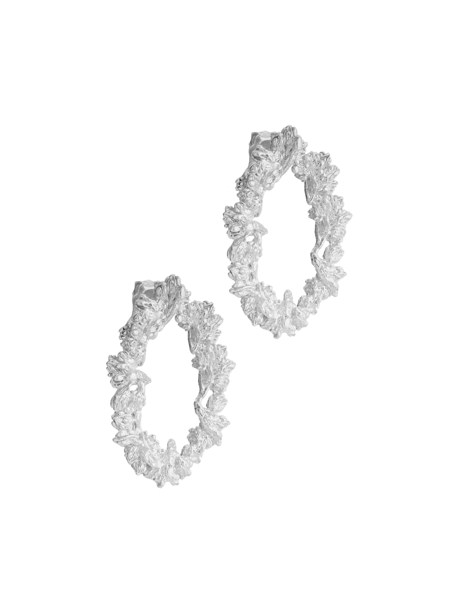 A pair of Cremilde Bispo Jewellery Garden's Delight statement earrings, in sterling silver, with hand-sculpted nature inspired embellishments.