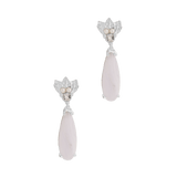 A pair of The Muse III Chalcedony earrings with a pink stone and crystals, crafted with .925 silver by Cremilde Bispo Jeweller