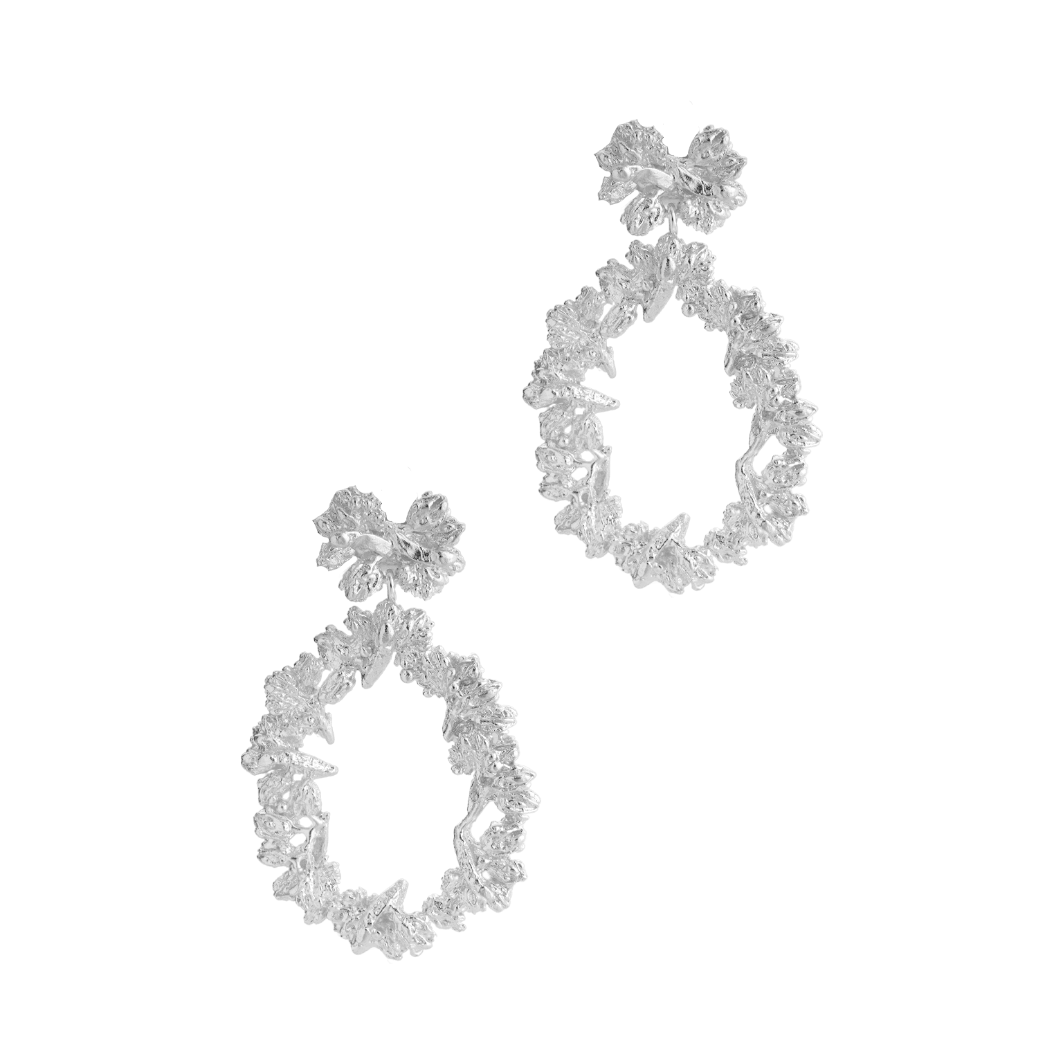 A pair of Cremilde Bispo Jewellery Garden's Delight statement earrings. Handcrafted from sterling silver, these earrings feature meticulously hand-sculpted floral accents and an elegant drop-shaped design that gently sways with grace.