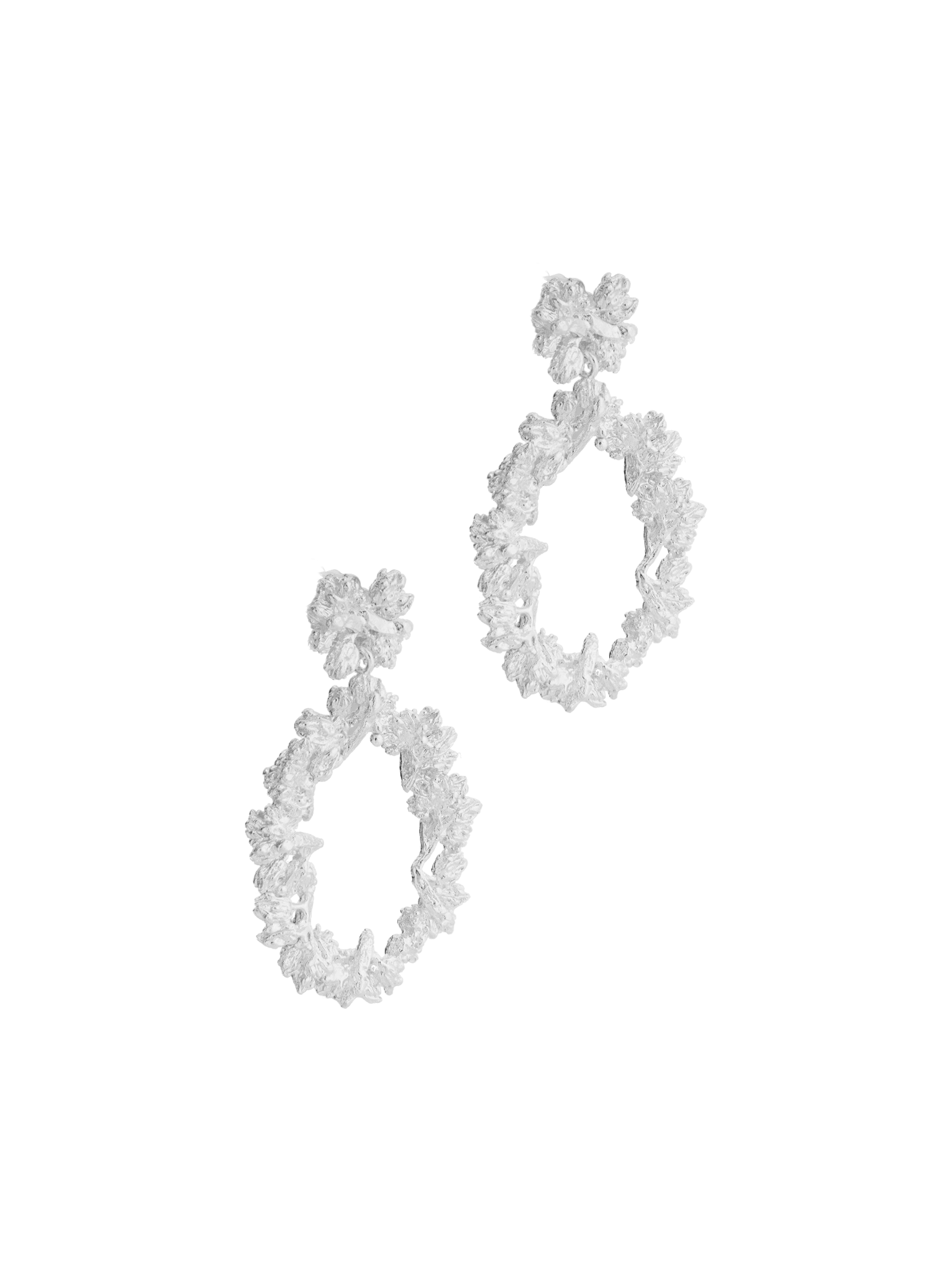 A pair of Cremilde Bispo Jewellery Garden's Delight statement earrings. Handcrafted from sterling silver, these earrings feature meticulously hand-sculpted floral accents and an elegant drop-shaped design that gently sways with grace.