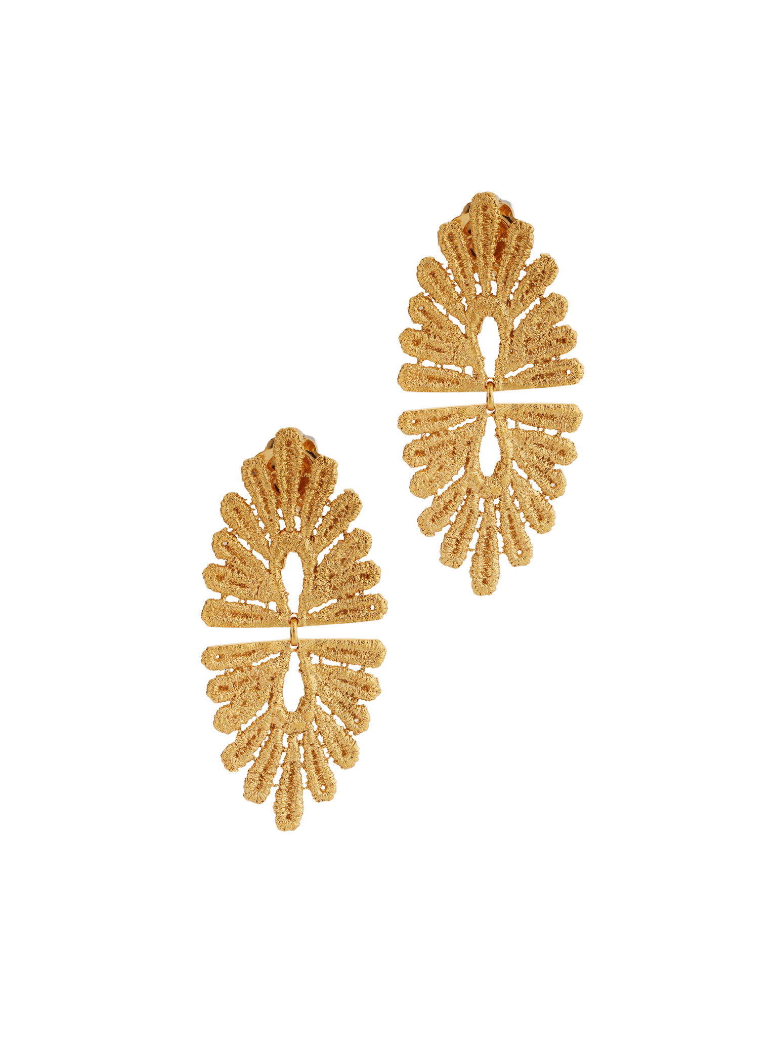 A pair of vintage-inspired gold-plated Cremilde Bispo Jewellery Guipure GP earrings with diamonds.