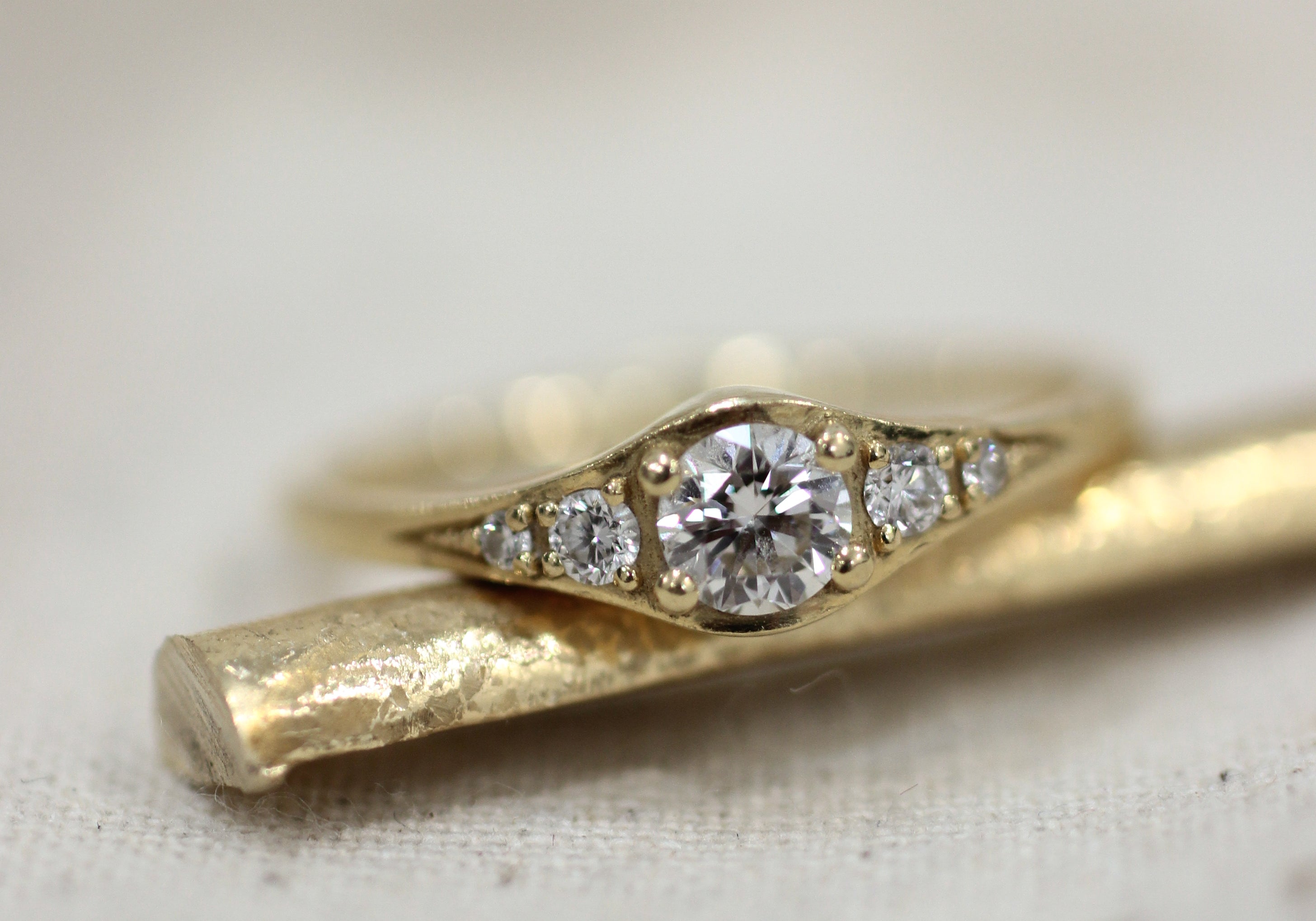  18K Yellow Gold Certified Diamond Engagement Ring + 18K Yellow Gold gentle Wave Wedding Band + 18K Yellow Gold 3mm Classic Wedding band 