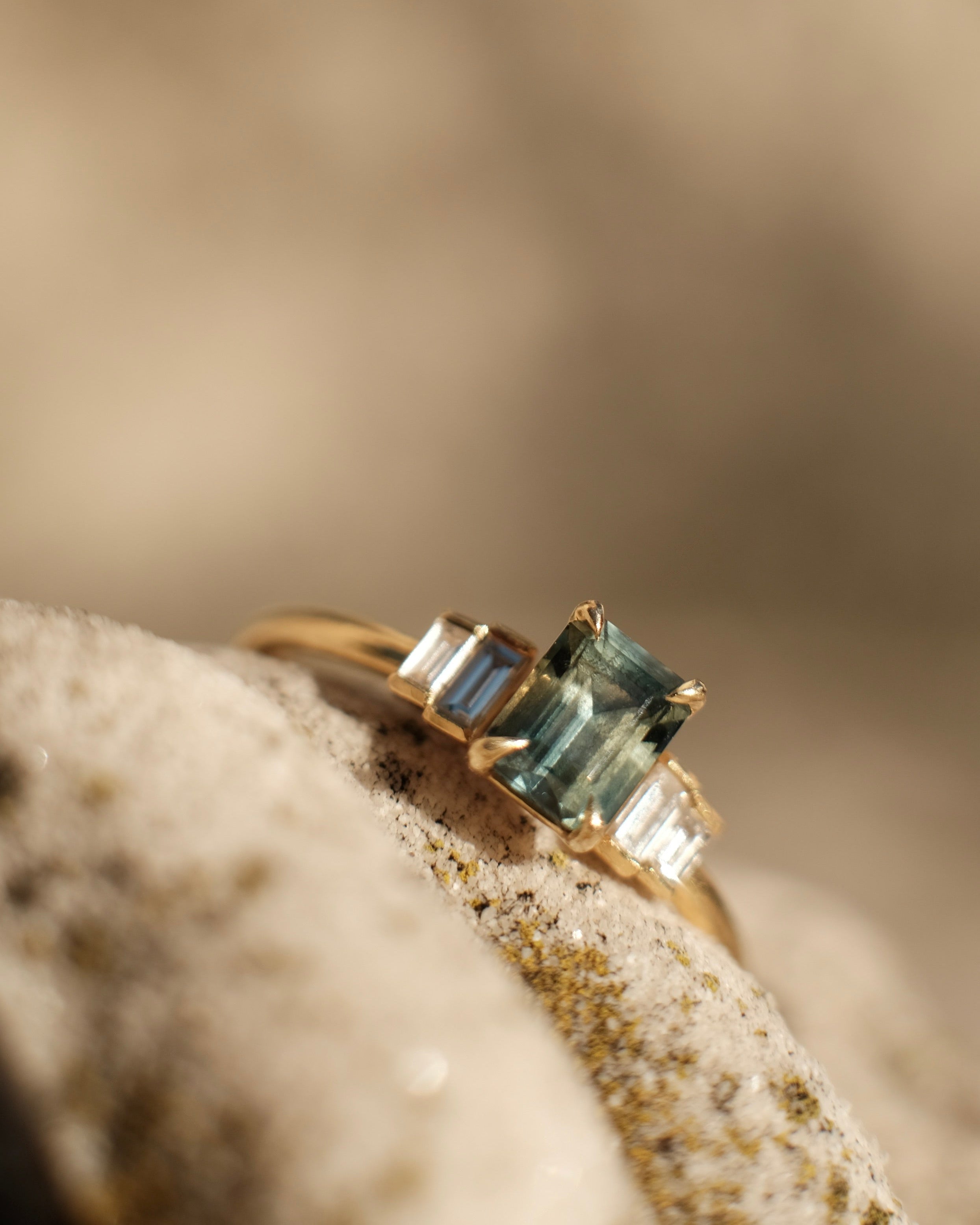 Alice Emerald Cut Australian Sapphire & Baguette Diamonds Engagement Ring