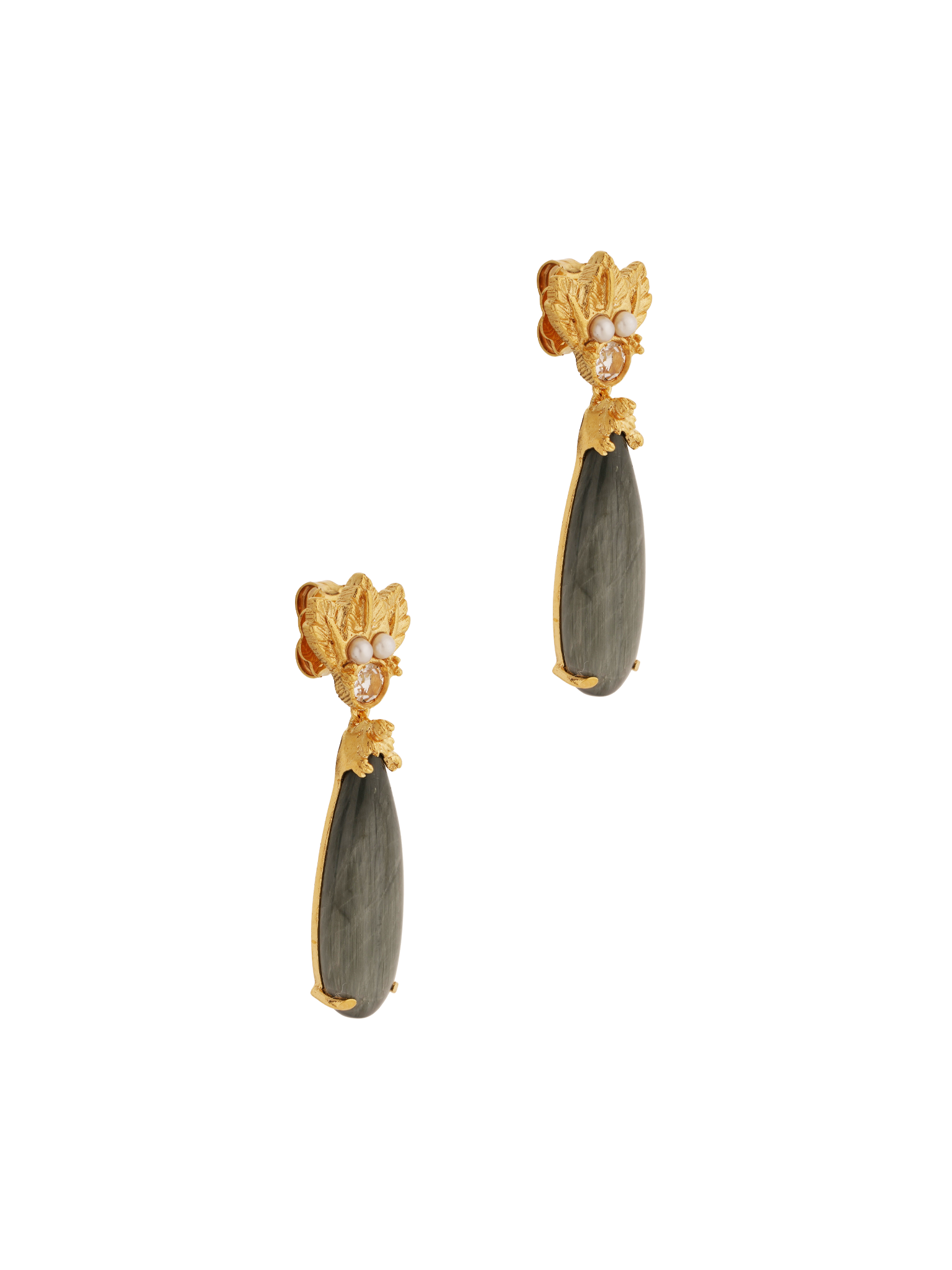 A pair of The Muse III Toed eye earrings by Cremilde Bispo Jewellery with freshwater pearls, drop shaped gemstones and quartz crystals.