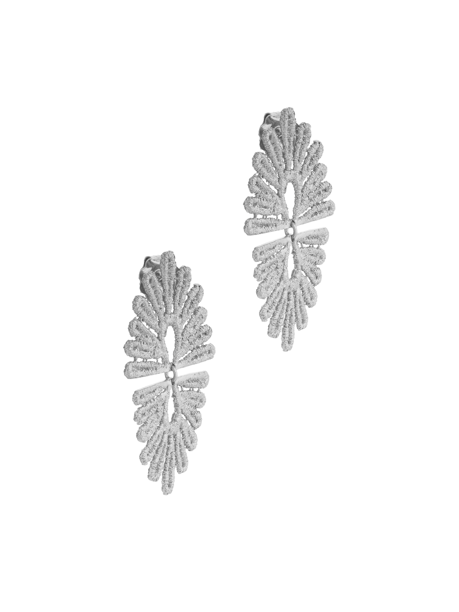 A pair of vintage-inspired silver earrings, The Guipure, adorned with a delicate flower design by Cremilde Bispo Jewellery.