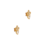 A pair of Cremilde Bispo Jewellery Essential Drops Earrings, set against a beige background, featuring pear-like Quartz gemstones.