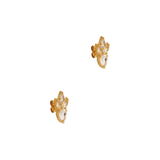 A pair of Cremilde Bispo Jewellery Essential Drops Earrings, set against a beige background, featuring pear-like Quartz gemstones.