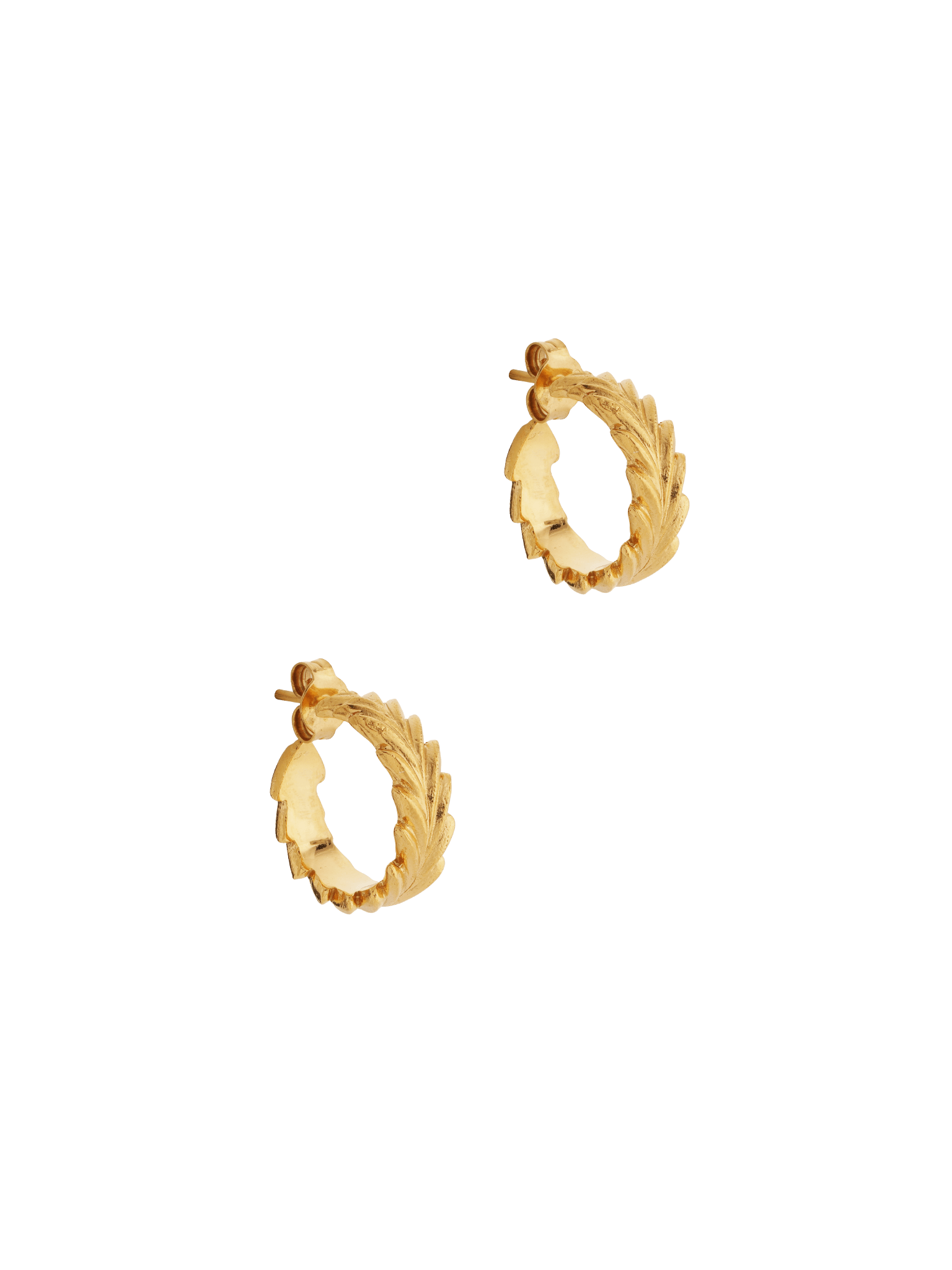 The Essential Leaf Hoops Gold plated silver, from Cremilde Bispo Jewellery, showcasing leaf-like hand-sculpted details.