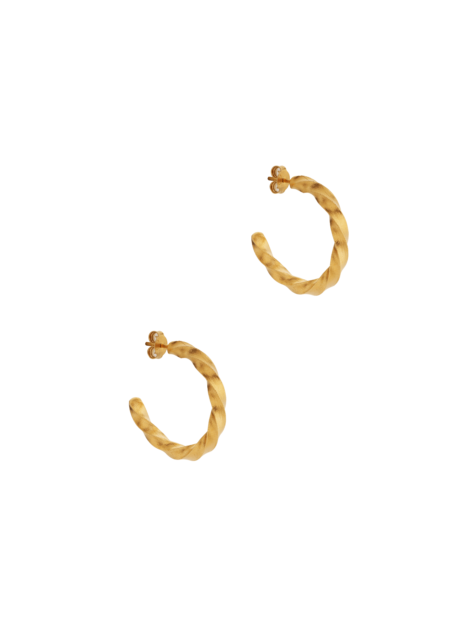 A pair of Essential Twisted Hoops by Cremilde Bispo Jewellery in Gold Plated Silver, on a white background.