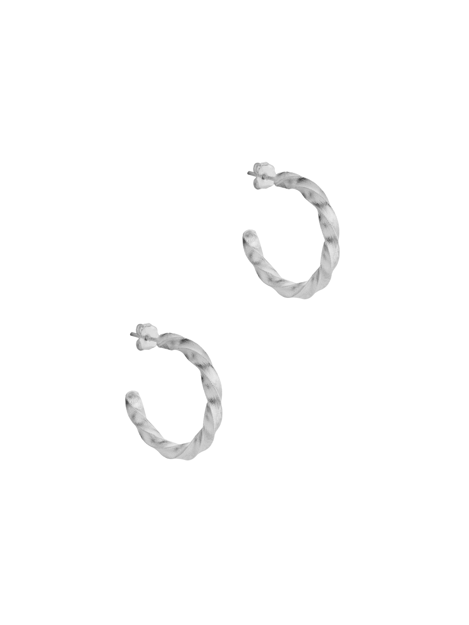 A pair of Essential Twisted Hoops by Cremilde Bispo Jewellery in Sterling Silver, on a white background.