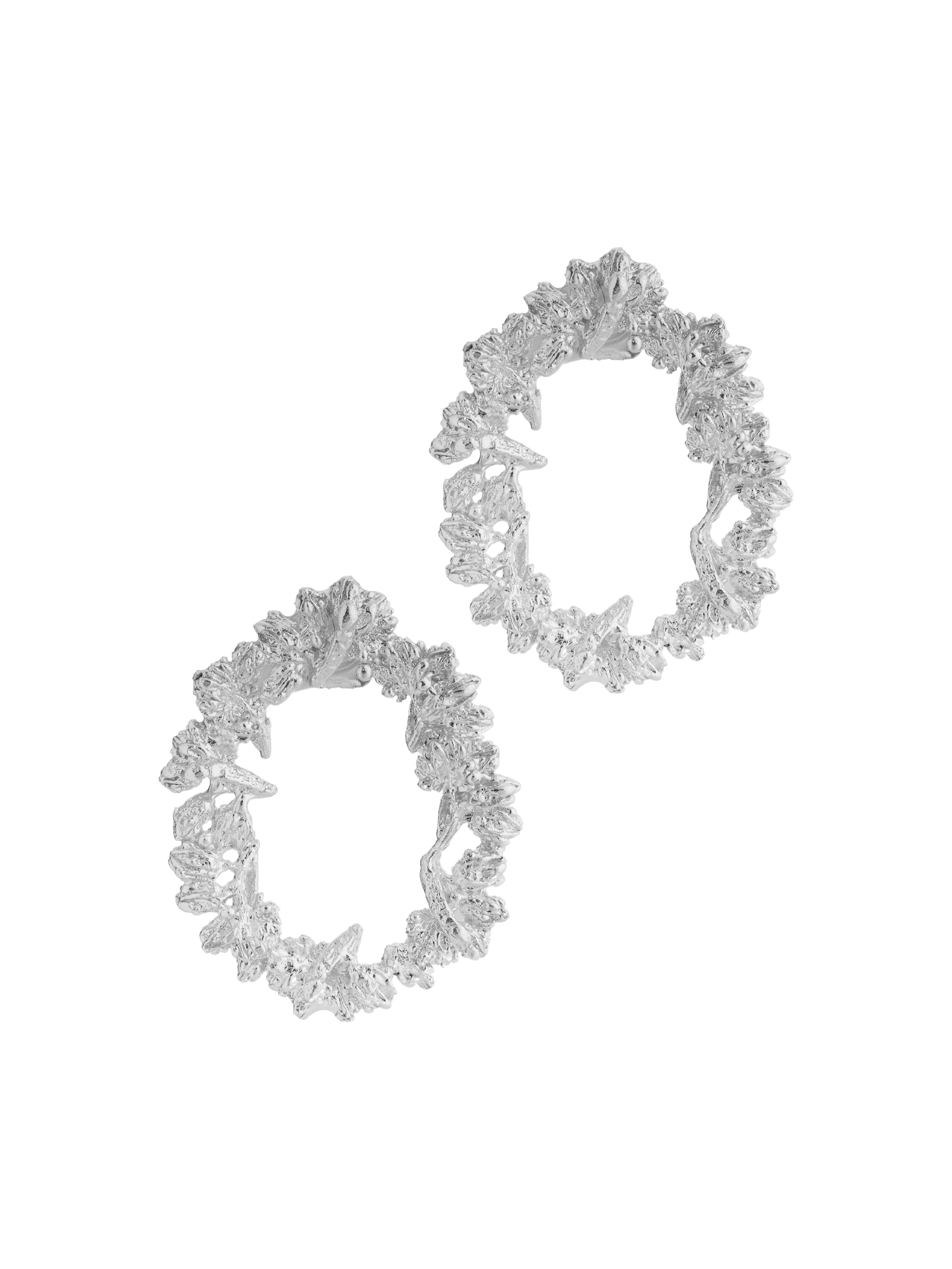 A pair of Cremilde Bispo Jewellery Garden's Delight statement earrings, in sterling silver, with hand-sculpted nature inspired embellishments.