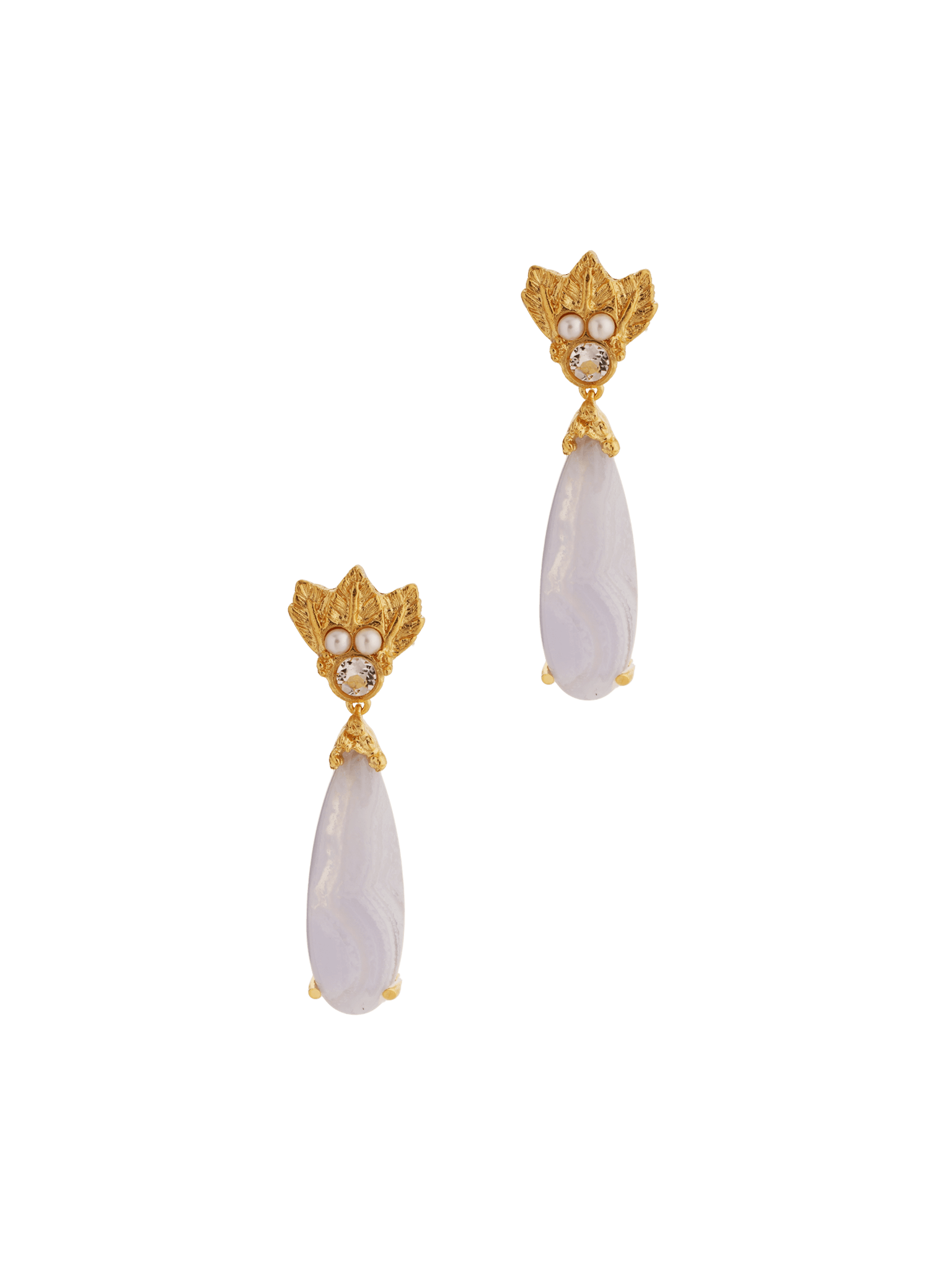 A pair of gold-plated earrings with white agate and diamonds, featuring cultured fresh-water pearls - The Muse III Chalcedony earrings from Cremilde Bispo Jewellery.