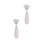 A pair of The Muse III Chalcedony earrings with a pink stone and crystals, crafted with .925 silver by Cremilde Bispo Jeweller