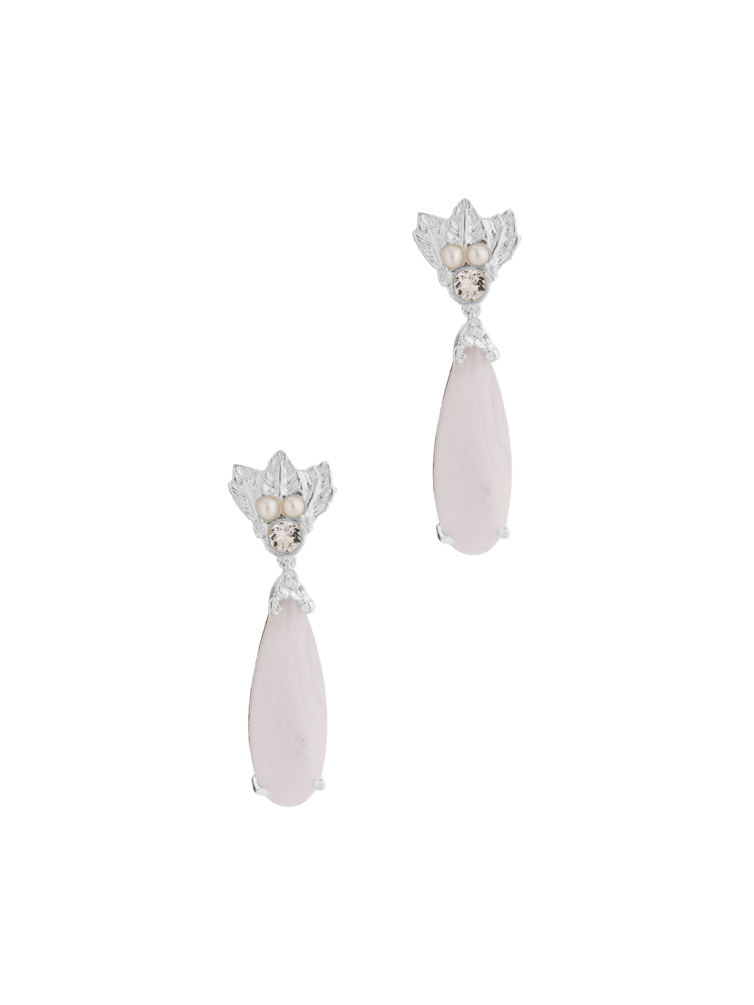 A pair of The Muse III Chalcedony earrings with a pink stone and crystals, crafted with .925 silver by Cremilde Bispo Jeweller