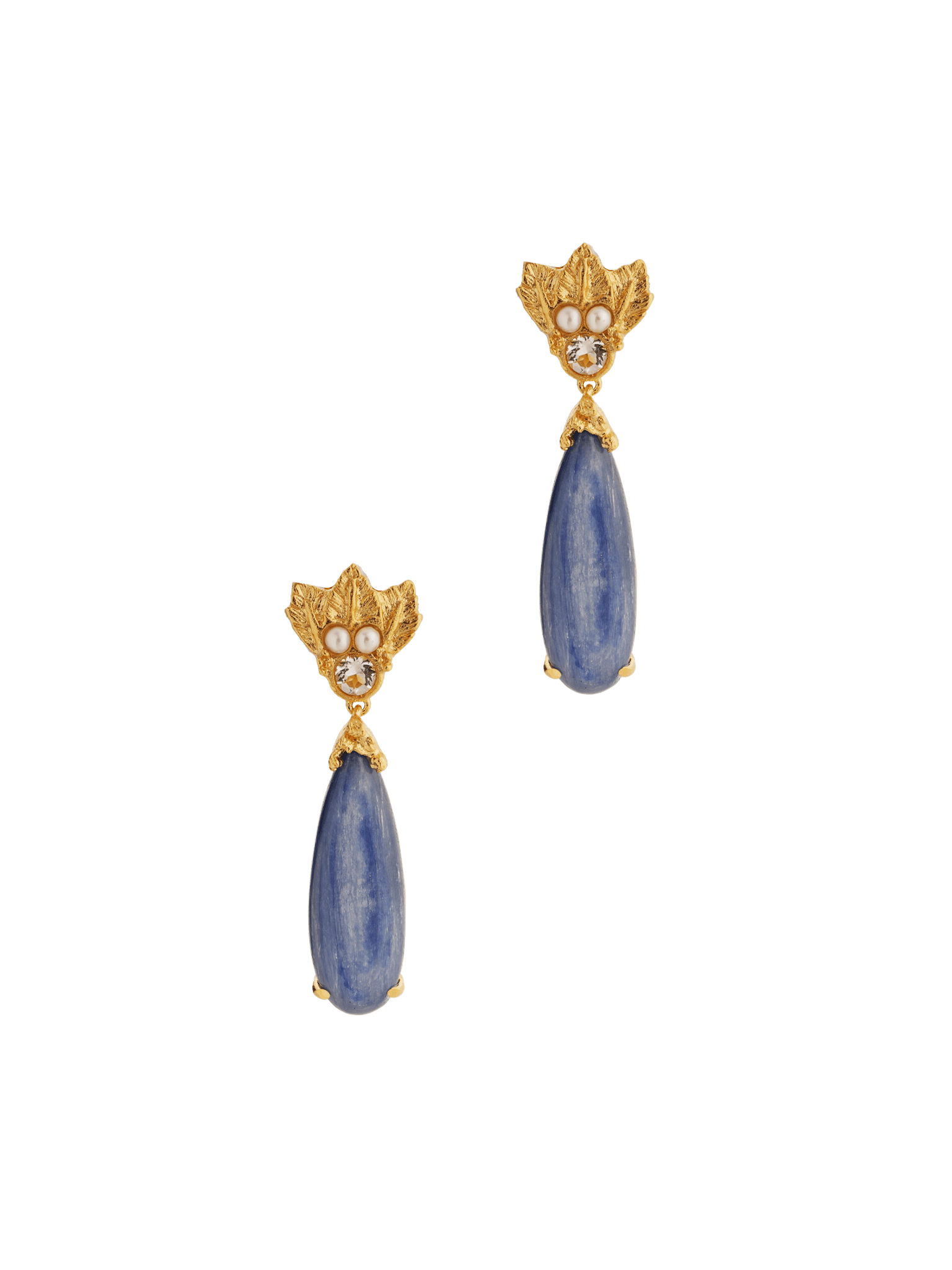 A pair of The Muse III Kyanite earrings, made of gold plated silver, by Cremilde Bispo Jewellery.