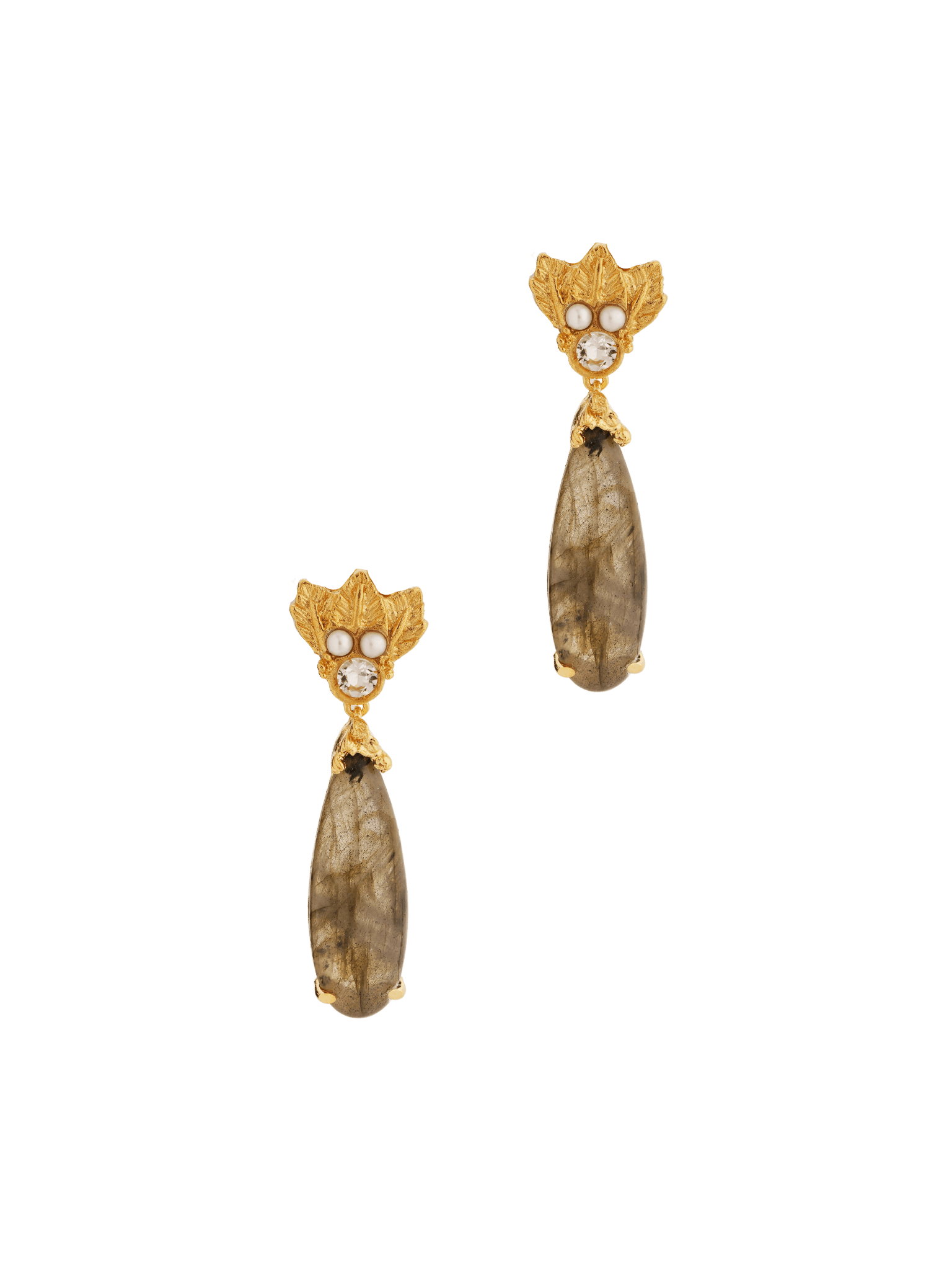 A pair of gold plated Silver Cremilde Bispo Jewellery Muse III Labradorite earrings with quartz and pearls.