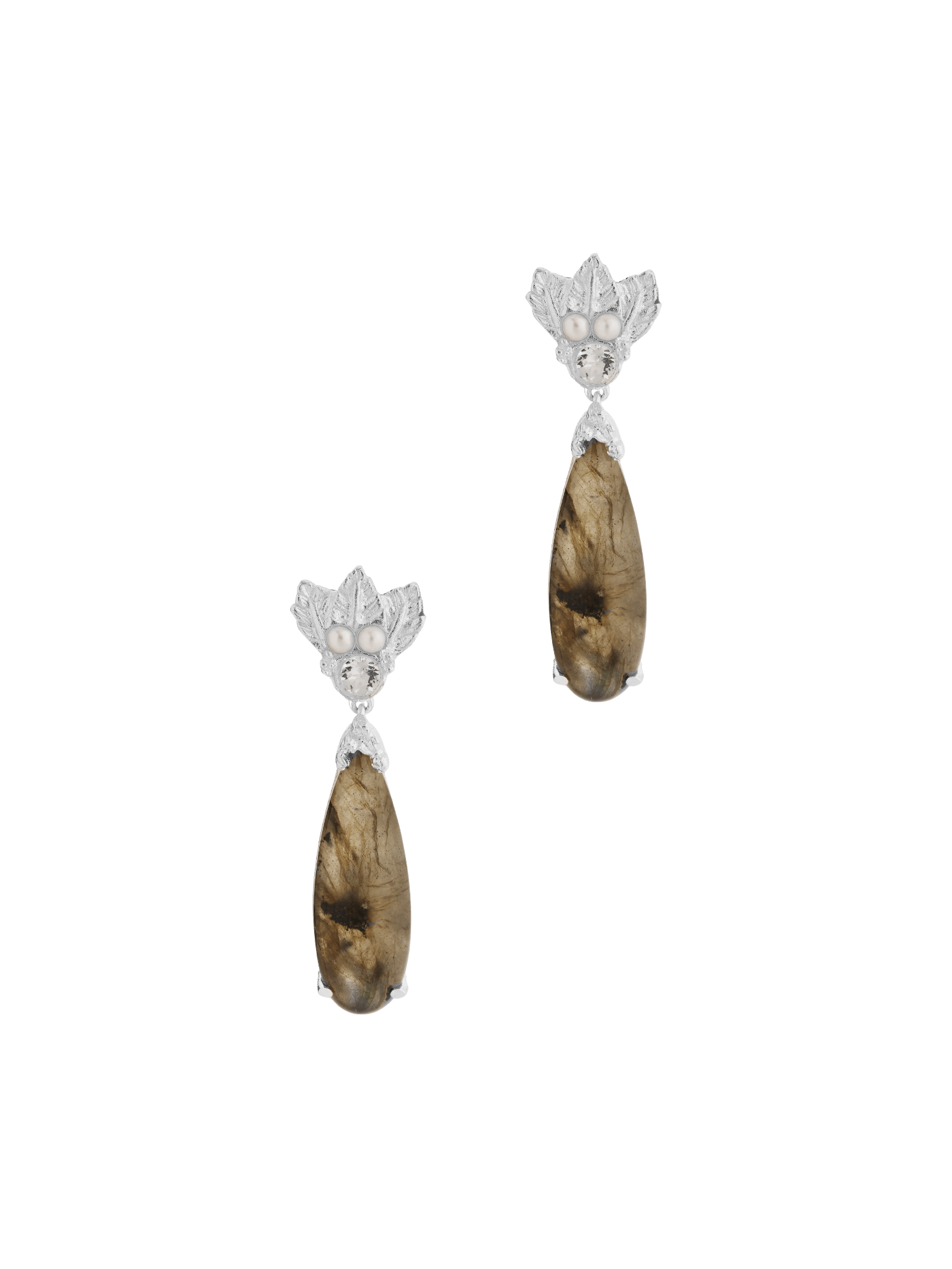 A pair of sterling Silver Cremilde Bispo Jewellery Muse III Labradorite earrings with quartz and pearls.