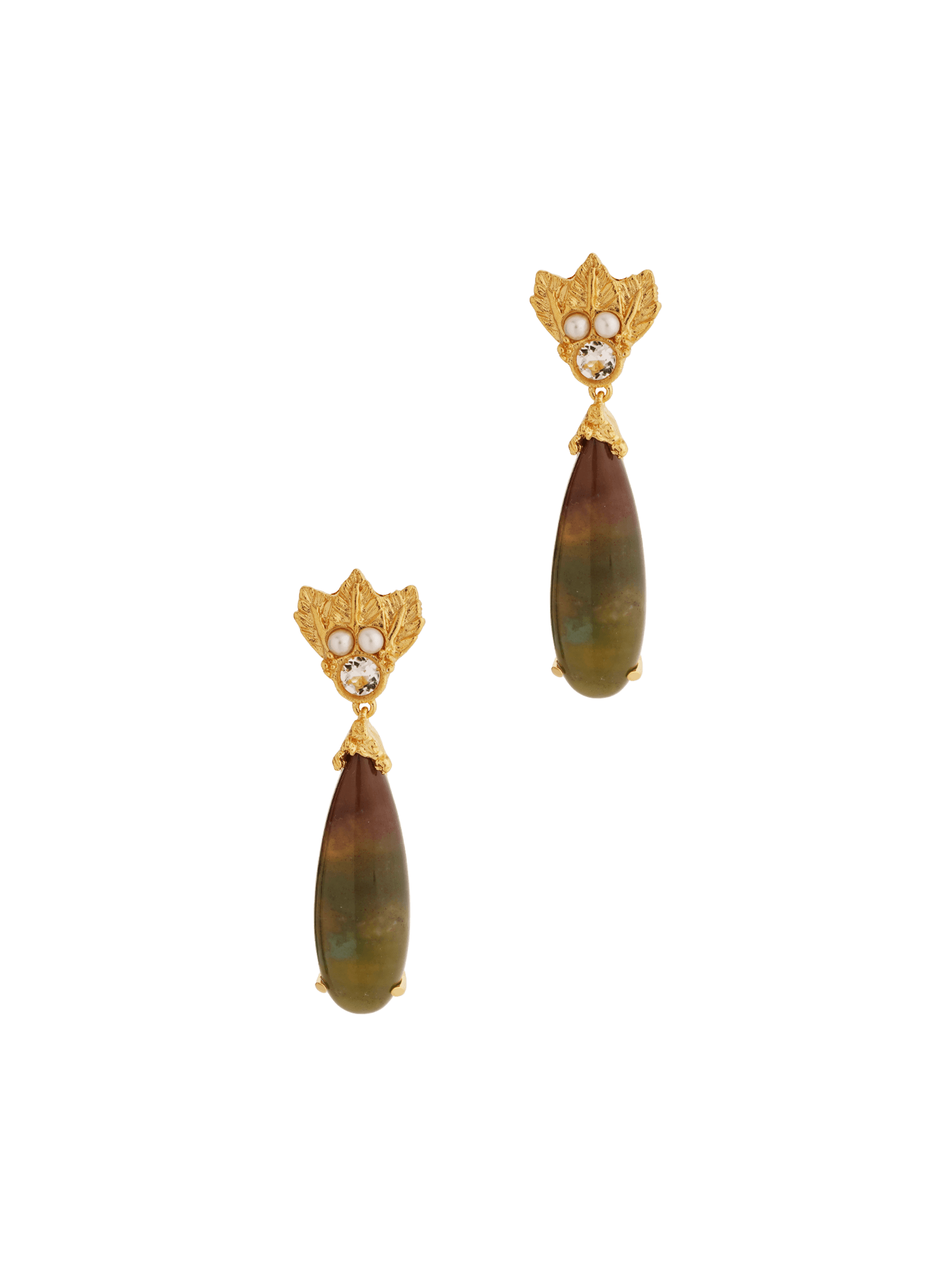 A pair of Cremilde Bispo Jewellery's Muse III Agata Moss earrings, with Quartz and pearls, in Gold Plated Silver. 