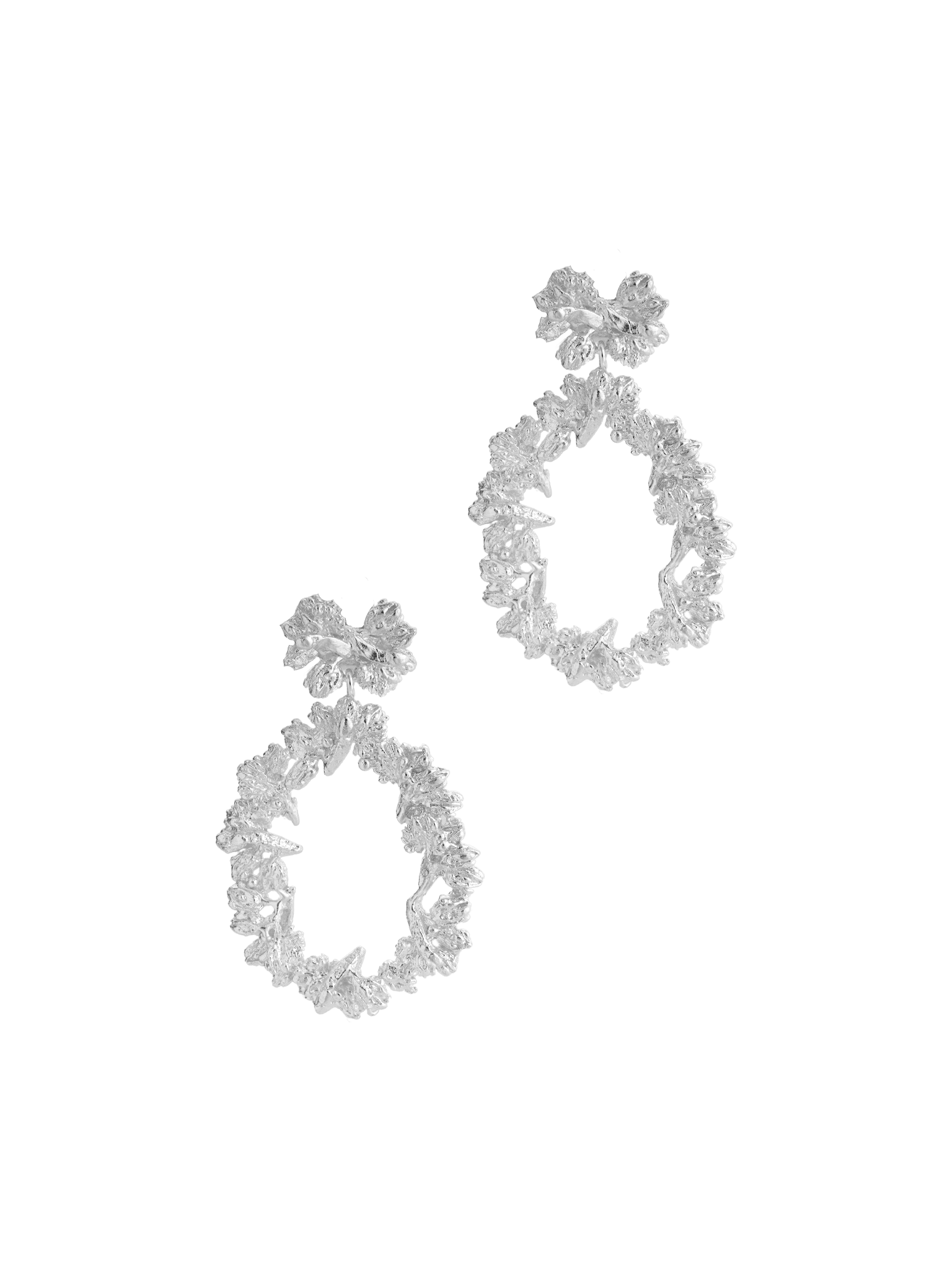 A pair of Cremilde Bispo Jewellery Garden's Delight statement earrings. Handcrafted from sterling silver, these earrings feature meticulously hand-sculpted floral accents and an elegant drop-shaped design that gently sways with grace.