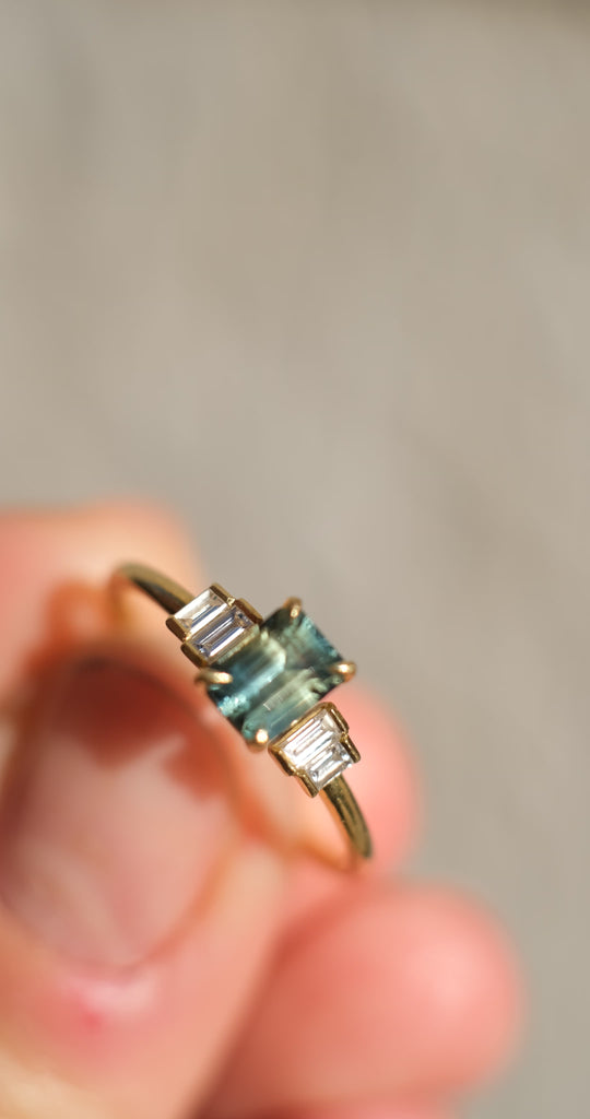 Alice Emerald Cut Australian Sapphire & Baguette Diamonds Engagement Ring